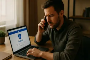 משתמש ממלא טופס ערעור על חסימת חשבון Facebook מול מסך ההשבתה