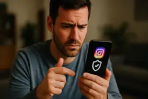משתמש בוחן הודעת חסימה של Instagram ובודק את אפשרויות שחזור החשבון