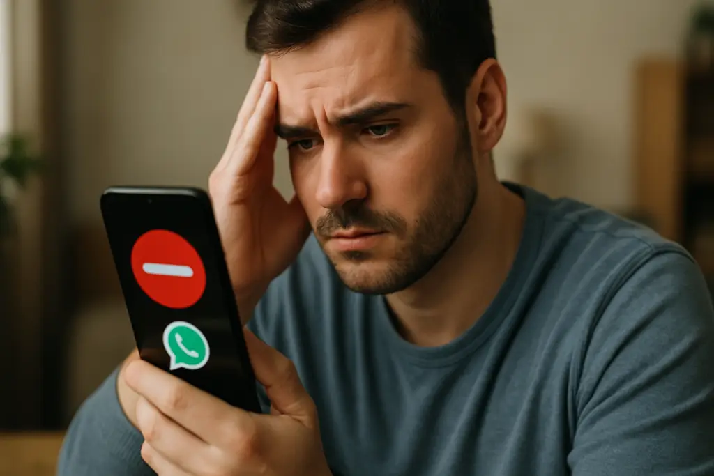 משתמש בוחן את מסך החסימה בוואטסאפ כדי לזהות אם מדובר בזיהוי שגוי של המערכת