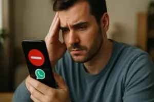 משתמש בוחן את מסך החסימה בוואטסאפ כדי לזהות אם מדובר בזיהוי שגוי של המערכת