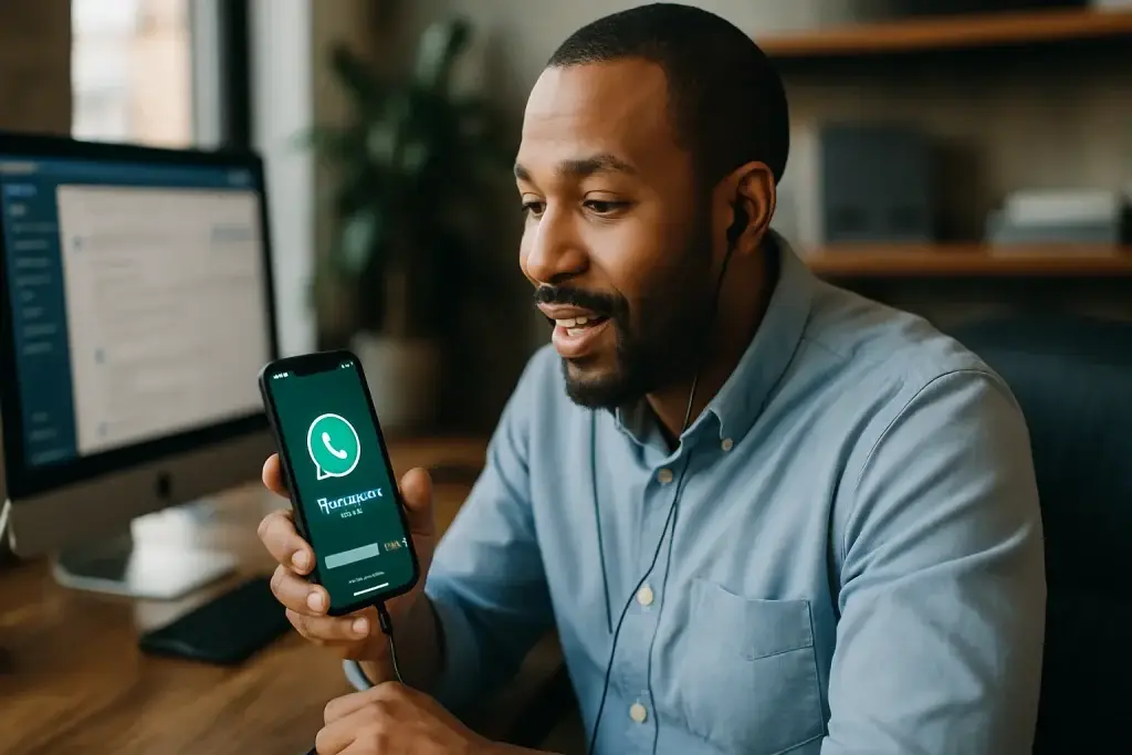 משתמש מחזיק טלפון עם WhatsApp פתוח בזמן ההשקה של תיק ההודעות החדש לעסקים גדולים