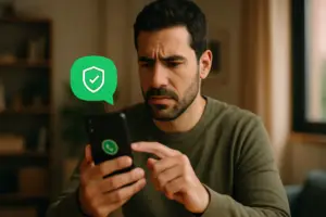 מסך וואטסאפ מציג את ההגנות החדשות נגד הונאות וחטיפות חשבונות