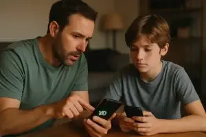הורה וילד מגדירים יחד חשבון וואטסאפ בניהול הורי משני מכשירים